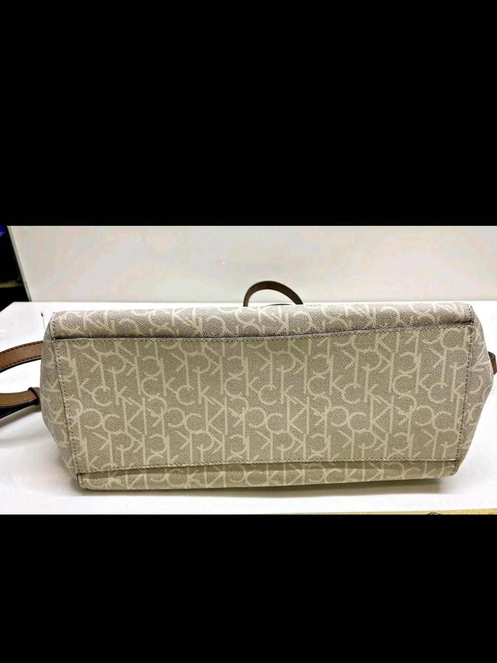 Calvin Klein Cream Monogram Satchel with Brown Straps Sonoma Collection